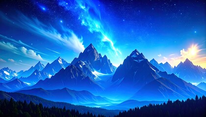 Vast, blue mountains under a vibrant, starry sky