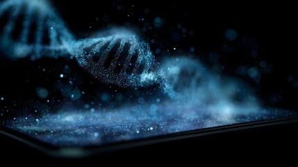 A luminous blue DNA helix hologram made of particles floats above a futuristic digital interface in the dark