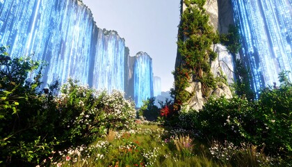 Valley bathed in vibrant blue waterfalls