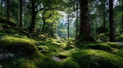 Obraz premium Enchanting wide shot of a sun-dappled forest floor covered in a lush, undulating carpet of vibrant green moss, with light piercing the canopy.