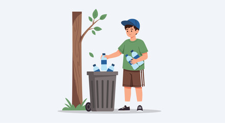 Flat vector illustration of a boy recycling plastic bottles into a trash can, wearing green t-shirt, shorts, and cap with light gray background and tree beside him
