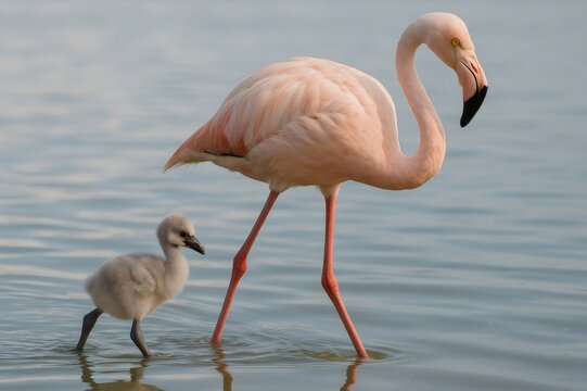 Flamingo parent and chick wading together in the serene, shallow waters of a tranquil lake, showcasing a beautiful family moment in nature