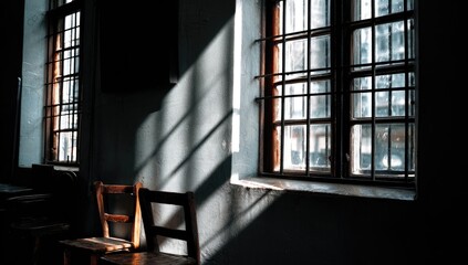 Sunlight streams into a dimly lit room with aged wooden chairs and barred windows