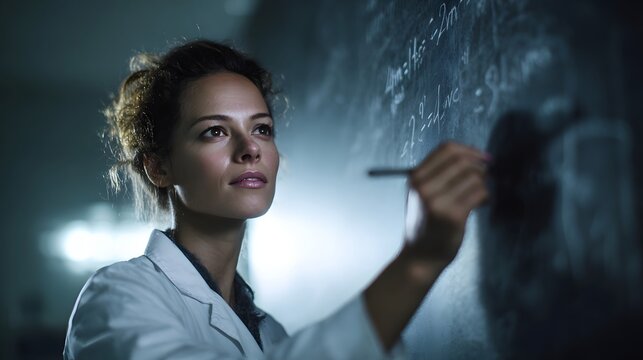 A focused scientist in a white lab coat writes equations on a dark chalkboard in a dimly lit research lab
