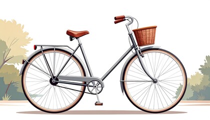 Illustration of a silver bicycle with a brown seat and a basket, side view