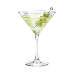 Watercolor Vector of Martini Cocktail with Green Olives on White Background