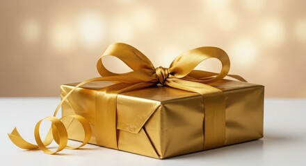 Golden gift box with a shiny ribbon and bow