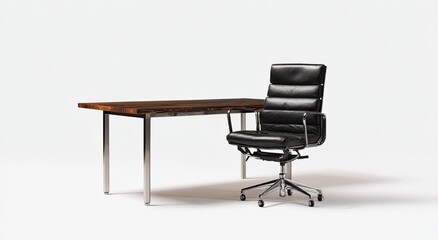 Simple office setup, dark wood desk, black leather chair