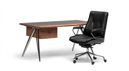 Modern desk and chair set, light wood, black leather