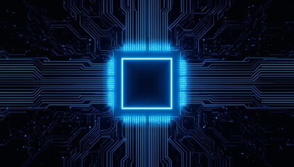 Futuristic Glowing Microchip on Circuit Board – Artificial Intelligence and Digital Technology Concept