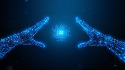 Abstract digital AI chip between human tech wireframe palms. Artificial intelligence technology background. Protection of semiconductor or microchip. Low poly wireframe vector illustration. Tech bg.ai