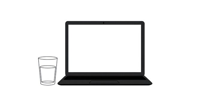 Modern open laptop and a glass of water on a white background.