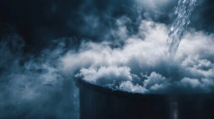Water is poured into a container filled with dry ice creating a dense cloud of cold vapor