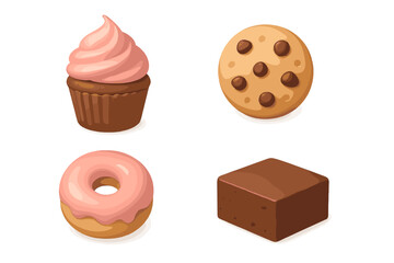 Assortment of delicious baked goods and sweet treats including cupcake, chocolate chip cookie, pink donut, and brownie