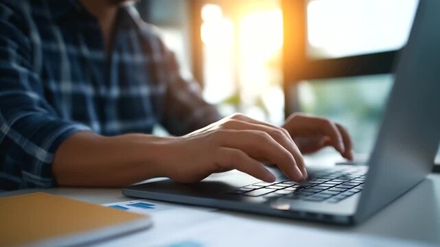 An entrepreneur working on a laptop in a modern office typing with determination desk scattered with notebooks and charts soft daylight from a large window highlighting focus