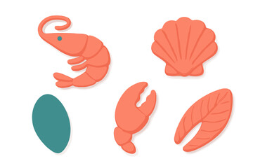 Stylized collection of fresh seafood items including shrimp scallop mussel crab claw and salmon fillet