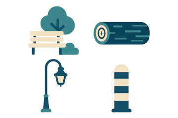 Outdoor park and street elements: wooden bench, green tree, cut log, classic lamppost, striped bollard