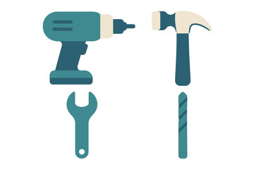 Collection of essential construction and repair tools including a power drill, hammer, wrench, and drill bit