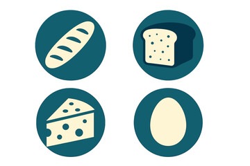 Collection of essential food icons featuring baguette, sliced bread, cheese, and egg for grocery, cooking, and nutrition related themes
