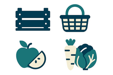 Assortment of fresh produce and harvesting items including a wooden crate, woven basket, apple, carrot, and cabbage