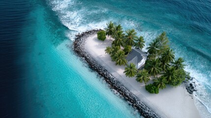 Aerial View of a Tropical Island with Turquoise Water and Lush Palm Trees Under Bright Sunlight