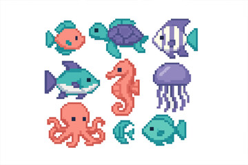 Diverse collection of charming pixel art marine animals including fish, sea turtle, octopus, jellyfish, and seahorse
