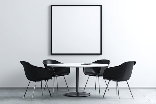 Modern meeting space, white walls, black furniture, blank poster