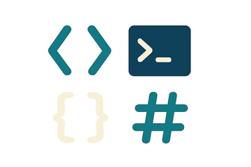 Set of coding and development icons with angle brackets curly braces terminal prompt and hashtag