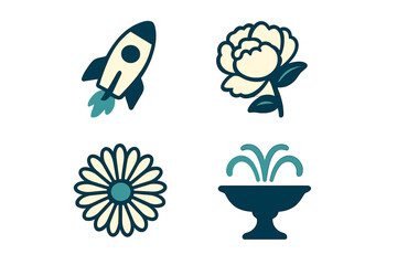 Collection of stylized graphic icons featuring a rocket, blooming peony, cheerful daisy, and elegant water fountain elements