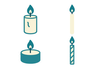 Collection of diverse burning candles including pillar, taper, tea light, and striped designs for festive occasions