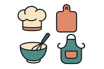 Assortment of essential kitchen cooking tools and chef equipment icons for culinary preparation, baking, and restaurant themes