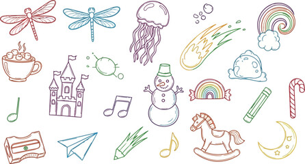 Vector art of collection of colorful handdrawn doodles featuring animals, objects, and symbols