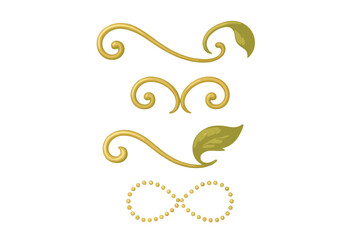 Elegant golden decorative swirls with natural leaves and a dotted infinity symbol design element set