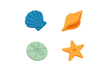 Stylized collection of various marine life elements including blue scallop shell, orange conch, green sand dollar, and orange starfish