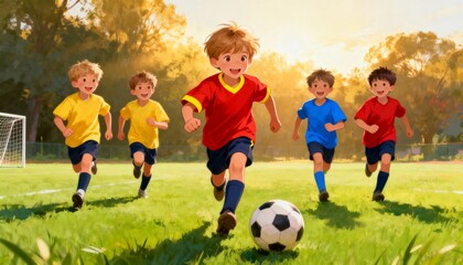 Five boys run joyfully toward soccer ball on green field