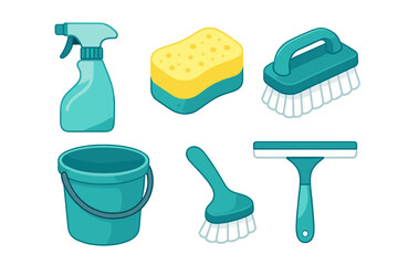 Vibrant collection of essential household cleaning supplies and equipment for domestic chores and hygiene tasks and maintaining a tidy home