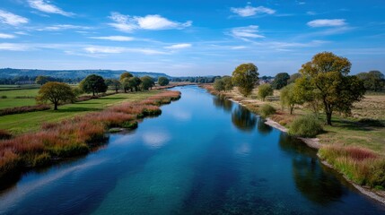 Aerial View of a Winding River Through a Green and Brown Landscape Under a Blue Sky with Clouds