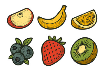 Assortment of fresh healthy fruits including apple, banana, orange, blueberries, strawberry, and kiwi on white background