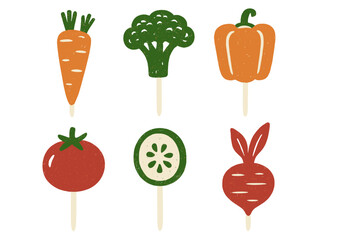 Stylized fresh organic vegetables on sticks with a rustic textured design for healthy eating concepts and garden themes