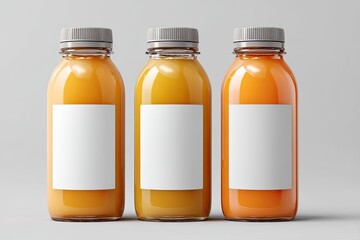 Three clear plastic bottles of orange juice, each with a blank rectangular label