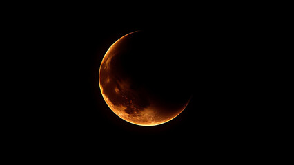 Stunning crescent moon view.
Half-moon in dark night sky.
End of lunar eclipse scenery.