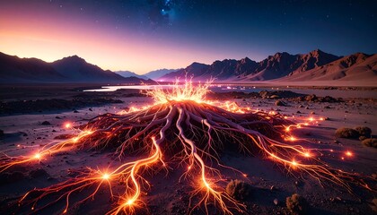 Vast desert landscape, glowing roots