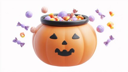 A pumpkin cauldron with candy clipart, halloween treat container, 3D illustration, pastel, isolated on white background. 