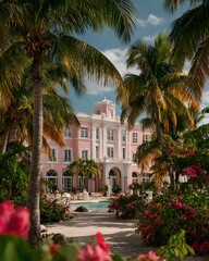 Fototapeta premium Luxurious pink boutique hotel in the tropics, framed by lush palm trees and vibrant foliage, capturing a sense of exclusive paradise and elegance.