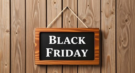 Black friday sale sign hanging on a rustic wooden wall, representing shopping and discounts