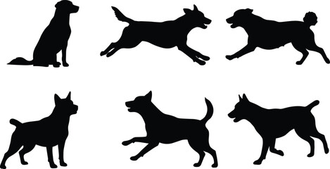 Set of dog silhouette vector illustrations showing sitting, standing, running, and playful poses for pets, animals, and graphic design