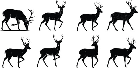 Silhouette illustration of deer with antlers in various poses, walking, grazing, and standing, wildlife vector design for nature themes.
