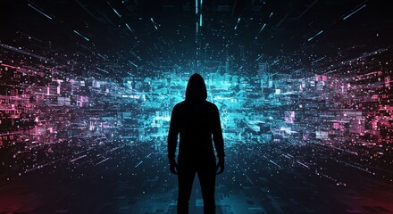 Hacker Silhouette in Cyber Space Technology Future Digital World