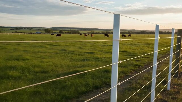 Medium shot showing electric fence setup with insulated posts and voltage energizer highlighting modern methods for efficient livestock management.