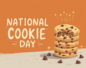 National cookie day poster of stacked chocolate chip cookies with scattered chocolate chunks and crumbs on warm orange background ideal for bakery branding promotional social media content.